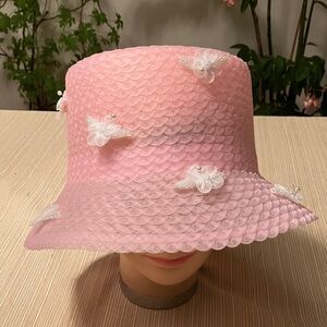 Pink Bucket Hat with White Beaded Floral Accents